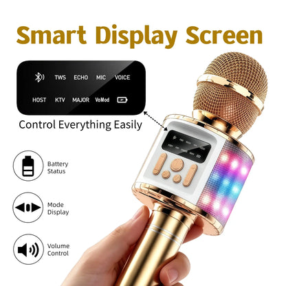 Wireless Karaoke Microphone Speaker with Voice Changer, 5 Funny Effects, RGB Light, 4 Sound Modes, Bluetooth AUX TF, Family Party KTV Singing