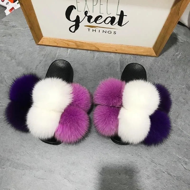 Natural Fox Fur Slippers, Fashionable Outdoor Multi-Color Animal Hair Slippers, Women's Gifts, Soft EVA Sole Slippers, On Trend