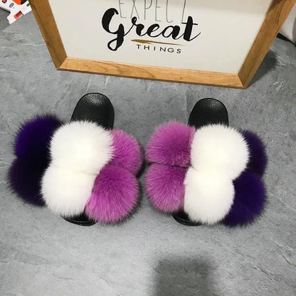 Natural Fox Fur Slippers, Fashionable Outdoor Multi-Color Animal Hair Slippers, Women's Gifts, Soft EVA Sole Slippers, On Trend