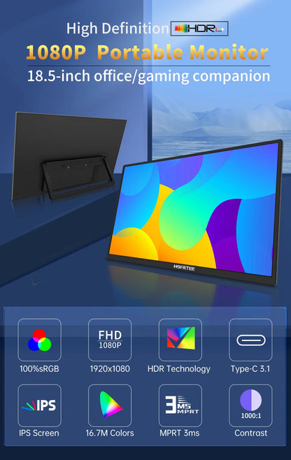 HGFRTEE Portable Monitor 18.5inch 120Hz Resolution Travel Size Gaming Display with USB-C Connection for Laptop PC Game Consoles