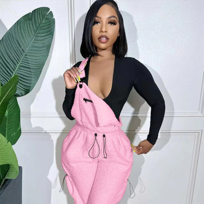 Lace Up Jumpsuit Women One Piece Jumpsuits Fur Rompers High Waist Spring Autumn Pants Mom Overalls Playsuits Elegant Pink