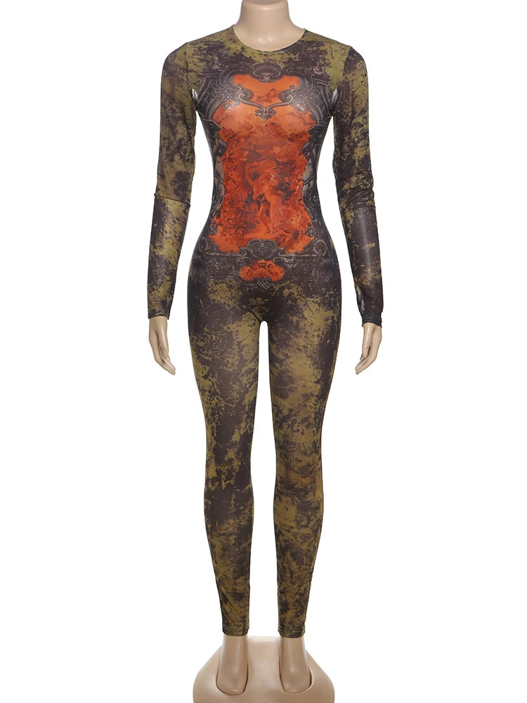 Weird Puss Sexy Fitness Jumpsuit Women Tie-Dye Print O-Neck Full Sleeve Skinny Streetwear Autumn Zip Slim Stretch Tight Overalls