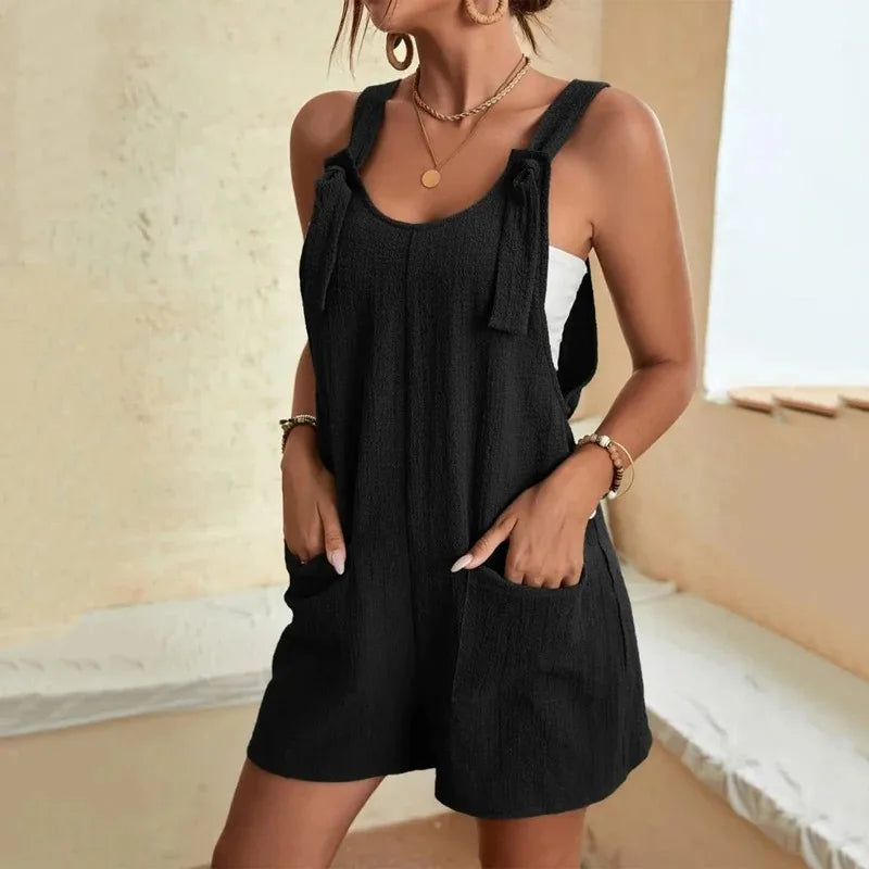 Women's Casual Summer Short Rompers Loose Overall Solid Sleeveless Lace up Wide Leg Pant Tie Knot Strap Jumpsuits with Pockets