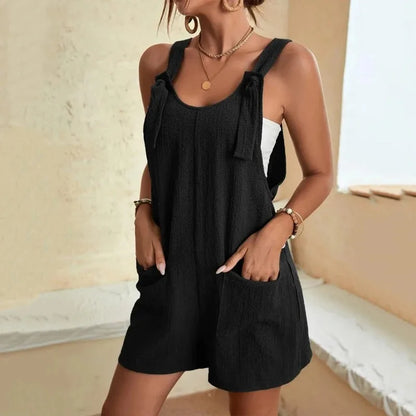 Women's Casual Summer Short Rompers Loose Overall Solid Sleeveless Lace up Wide Leg Pant Tie Knot Strap Jumpsuits with Pockets