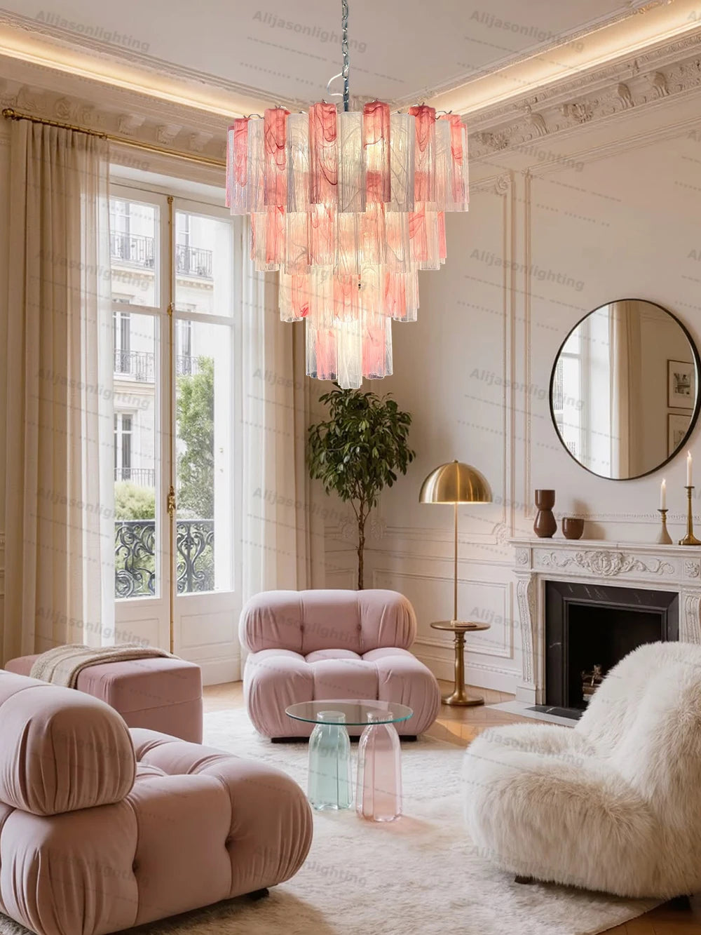 Elevate Your Living Room With Our Textured Pink White Glass 2026 Chandelier High-end Pendant Light Gold Chrome Dimming Function