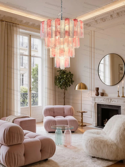 Elevate Your Living Room With Our Textured Pink White Glass 2026 Chandelier High-end Pendant Light Gold Chrome Dimming Function