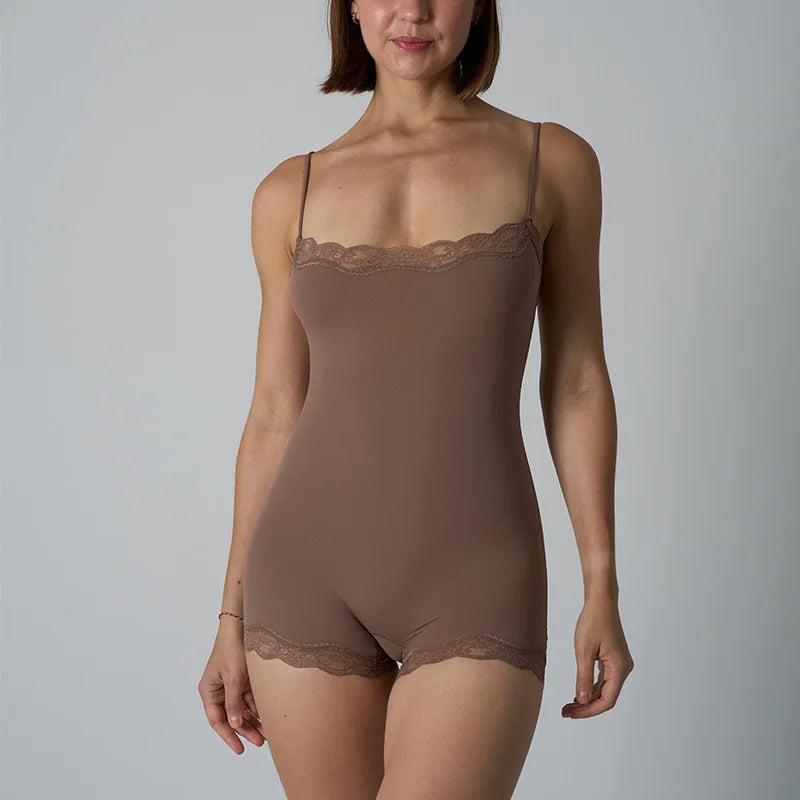 Hot Women Sexy Lace Patchwork Bodysuit Sports FitnessSkinny Shaperwear Camisole Square Neck Spaghetti Strap Slimming Bodycon