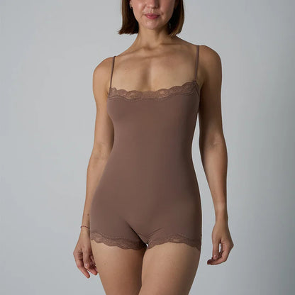 Hot Women Sexy Lace Patchwork Bodysuit Sports FitnessSkinny Shaperwear Camisole Square Neck Spaghetti Strap Slimming Bodycon