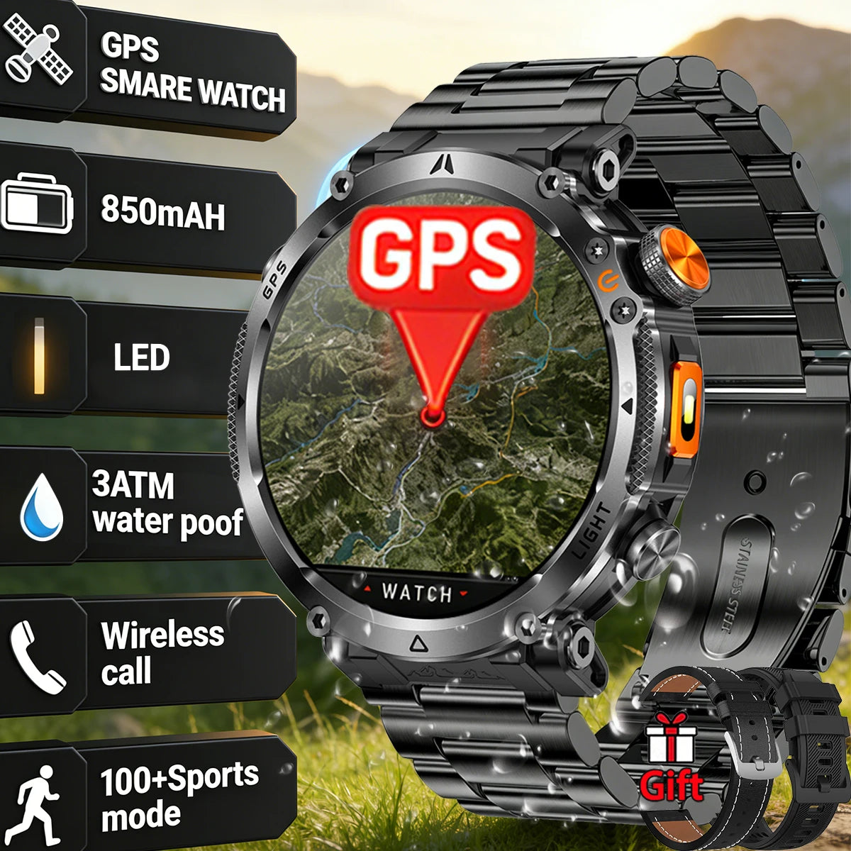 COANR2026 New Military Smart Watch 850mAh Battery GPS trace Compass 3ATM Waterproof Tactics Sport Flashlight call SmartWatch Men
