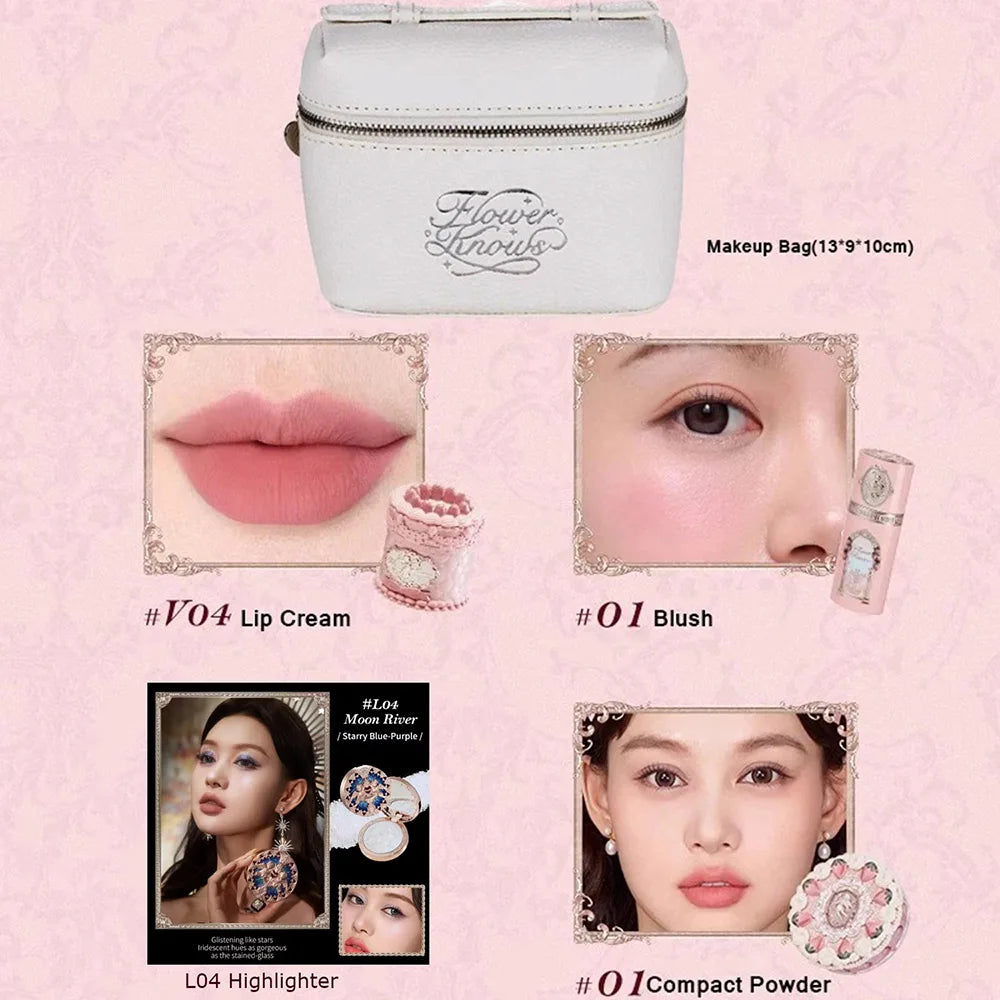 Flower Knows Strawberry Cupid Professional Makeup Set For Women Full Kit Gift Box Eyeshadow Lip Cream Blush Compact Powder Sets