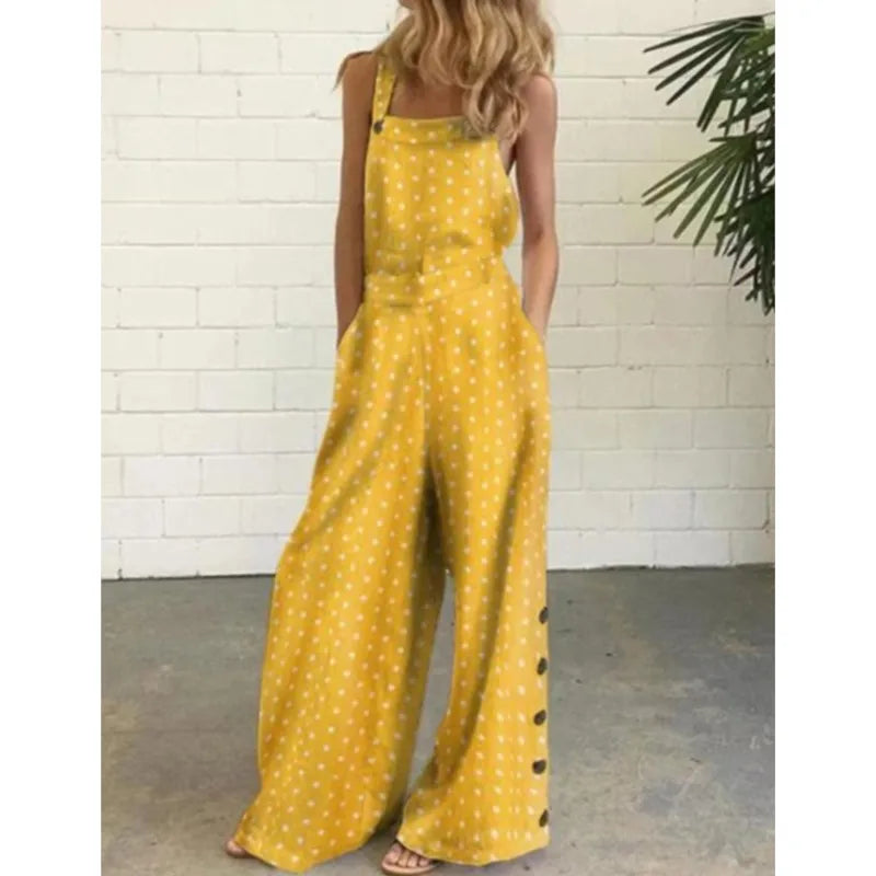 Women Summer Loose Printed Jumpsuits Sleeveless Bib Overalls Siamese Button Wide Leg Pants Long Trousers Female Fashion Clothing