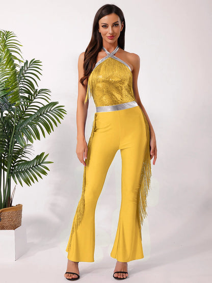 70s 80s Disco Costume Women's Streetwear Jumpsuit Shiny Clubwear Flared Long Pants Rompers Flares Metallic Hippie Party Outfit