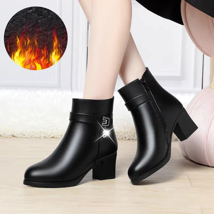 High-Heeled Leather Shoes Spring Single Shoes Thick Heel Thick Sole Slip-On Women's Shoes Square Toe Middle-Aged Mother's Shoes