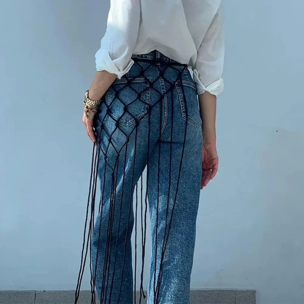 Bohemian Netted Fringe Scarf Handwoven Bikini Women Mid Waist Skirt Ethnic Design Mesh Tassel Waistband Decorative Butt Curtain