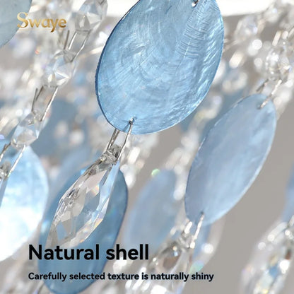 French Luxury LED Pendant Lights Blue White Natural Shell Crystal Chandelier Lamps for Romantic Living Dining Bedroom Home Decor