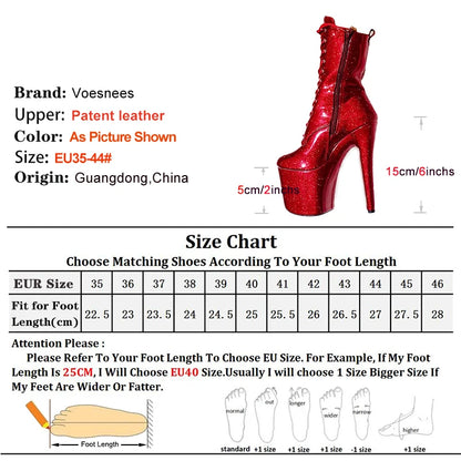 20CM/8Inch Bling Pole Dance Boots Woman Glossy Patent leather Red lace-up Nightclub Shoes Extreme high heel Platform Short Boots