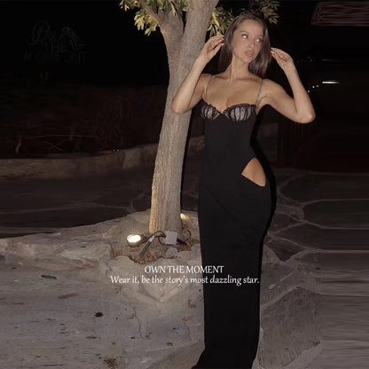 OTM Sexy Black Strapless Evening Gown Spaghetti Strap Lace Cutout Prom Dress Formal Party Dress for Special Occasion Customized