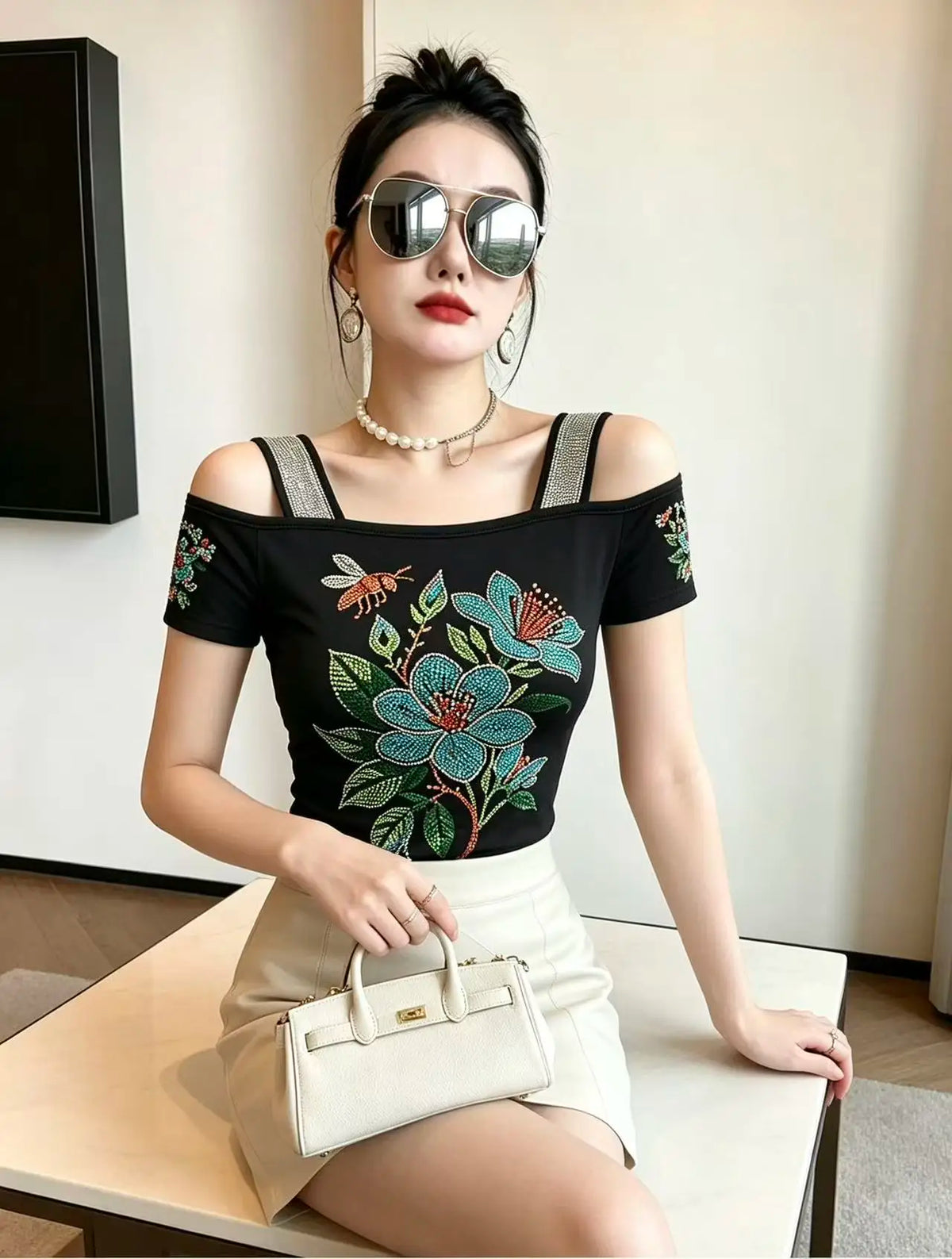 High Quality Elasticity Clothes Fashion T-Shirts Women's Sexy Off Shoulder Shiny Diamonds Mesh Tops Summer Tees Shirt