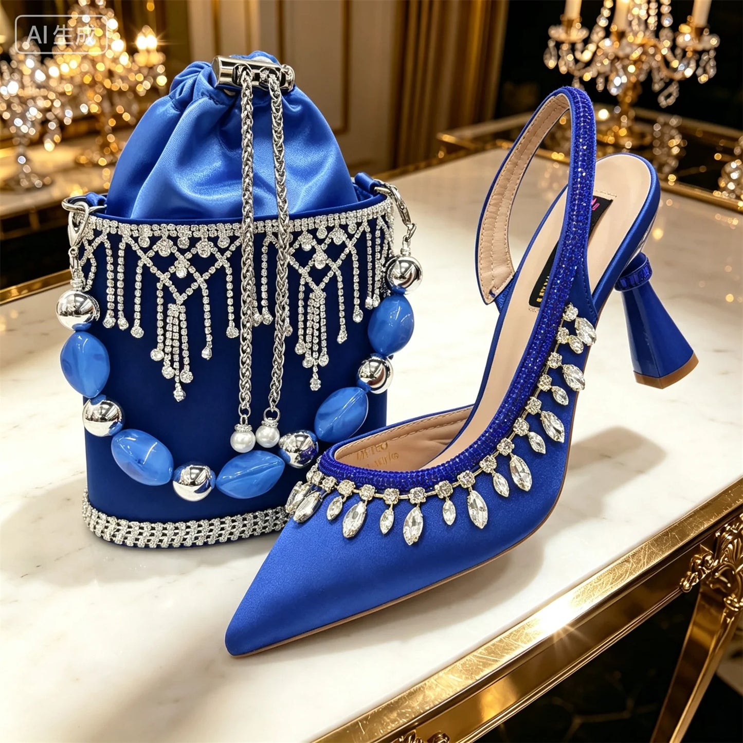 Royal Blue Bridal Shoe & Bag Set Sparkling Rhinestone Pointed Toe High Heels Slingback Pumps for Wedding Guest Prom Party
