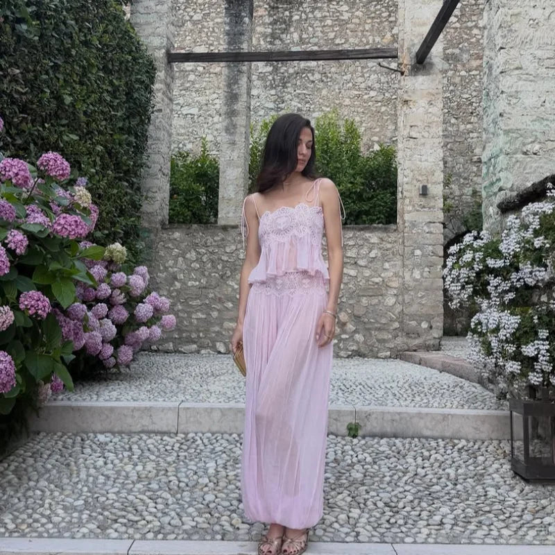 Beach Pink Lace Spliced Women's Set Summer See Through Strap Tank Top Pleated Lantern Pants Sets Lady New Casual Vacation Outfit