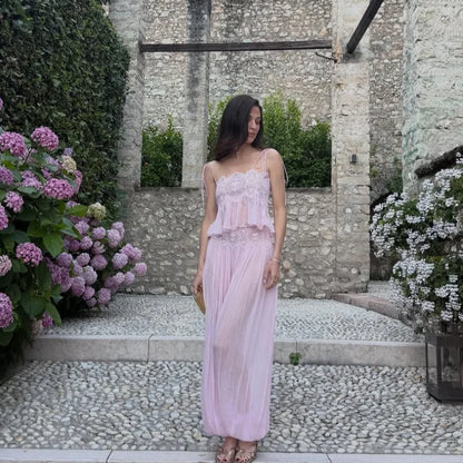 Beach Pink Lace Spliced Women's Set Summer See Through Strap Tank Top Pleated Lantern Pants Sets Lady New Casual Vacation Outfit