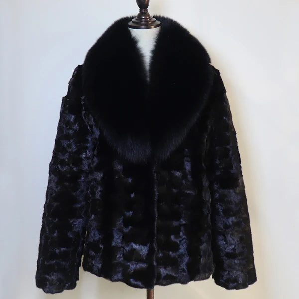 New Women Winter Real Fur Coat Warm Fashion 100% Natural Mink Fur Jacket with Fox Fur Collar Lady Thick Real Mink Fur Overcoat