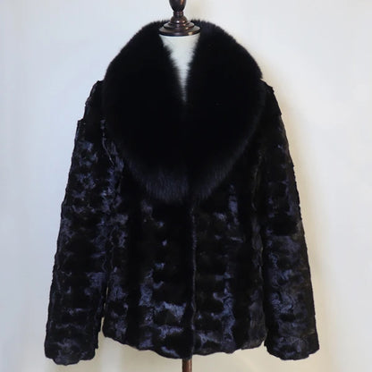 New Women Winter Real Fur Coat Warm Fashion 100% Natural Mink Fur Jacket with Fox Fur Collar Lady Thick Real Mink Fur Overcoat