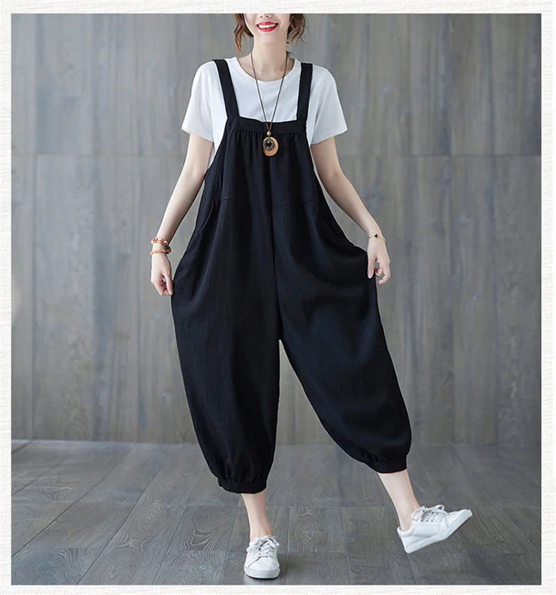 Casual Rompers For Women 2026 New Summer Large Size Korean Loose Harlan Jumpsuit Pants Solid Ladies Suspender Overalls L-5XL
