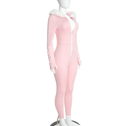 Nsauye Jumpsuits Women Long Sleeve Pullover Faux Fur Hoodies Skinny One Pieces Overalls Sexy Clubwear Sport Y2K Jumpsuit Rompers