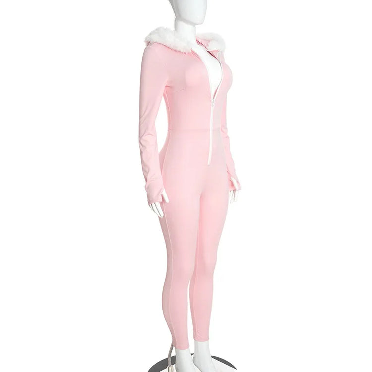 Nsauye Jumpsuits Women Long Sleeve Pullover Faux Fur Hoodies Skinny One Pieces Overalls Sexy Clubwear Sport Y2K Jumpsuit Rompers
