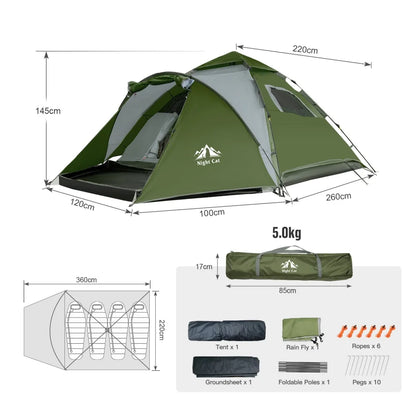 Night Cat Pop Up Tent 2-3 Persons Instant Set Up Tent with Footprint Tarp & Porch, Automatic Double Layer Waterproof Camping Tent with Rainfly