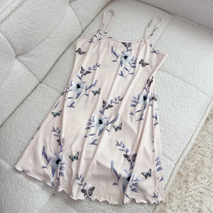 FINETOO Summer Teddy Bear Sleepwear Women Seamless Hearts Butterfly Floral Printed Sleeveless Ruffled Loungewear Cute Nightdress