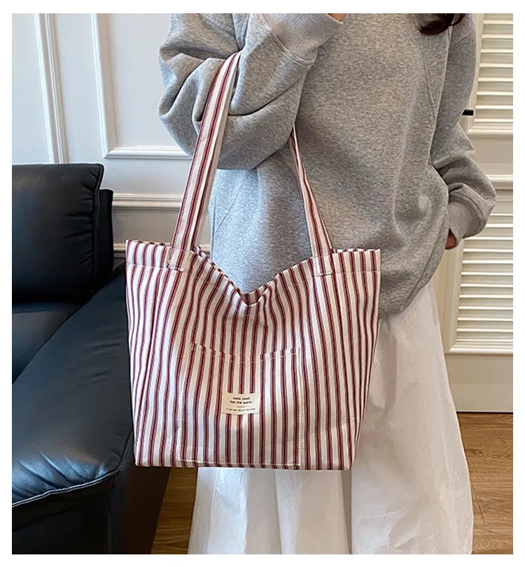 Contrast Color Stripes Women Shoulder Bags Versatile Ladies Large Capacity Tote Bag Lightweight Portable Female Shopping Handbag