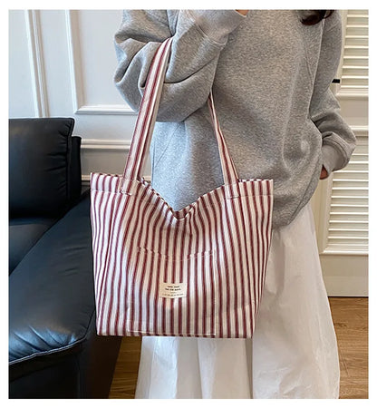 Contrast Color Stripes Women Shoulder Bags Versatile Ladies Large Capacity Tote Bag Lightweight Portable Female Shopping Handbag