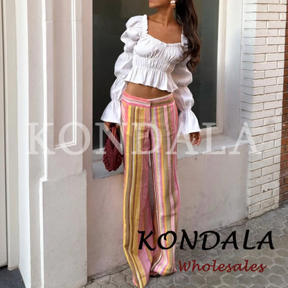 KONDALA Chic Striped Y2K Fashion 2026 Summer Long Pants Zipper Wide Leg Pockets Trousers Straight Female Casual Elegant Pants