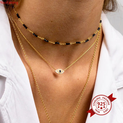 YooFaning 925 Sterling Silver Gold Chain Crystal Zirconia Evil Eye Necklace Diamond Anniversary Gift Wedding Girl Huggie Jewelry