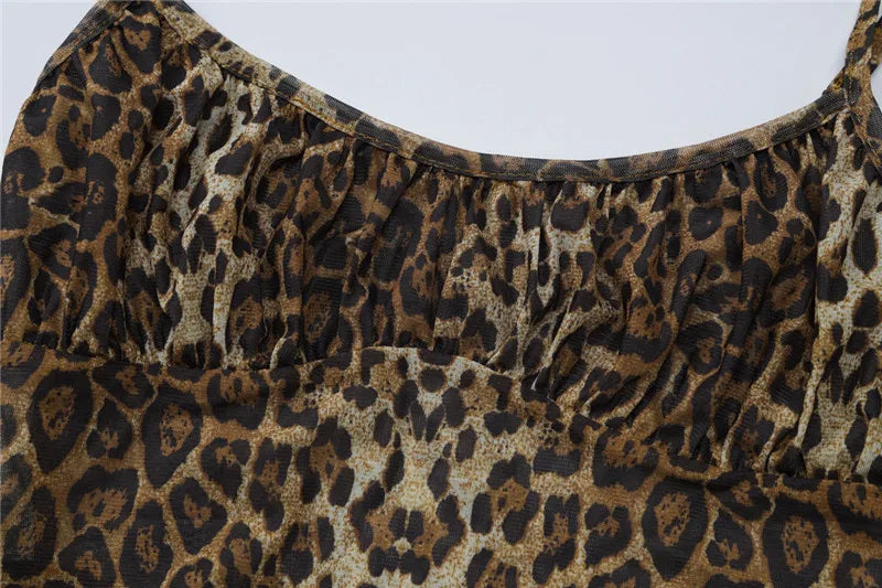 Shestyle Leopard Mesh Sexy Women Two Piece Sets Spaghetti Strap Bodysuit Flare Pants Sheer Brown Sexy Clubwear Waistless Outfit