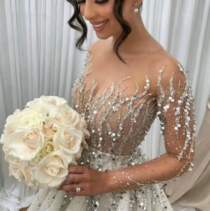 Luxury Arabic Dubai Wedding Dress Scoop Long Sleeves Beading Crystal Illusion Back customize Bridal Gown Vestidos De Novia
