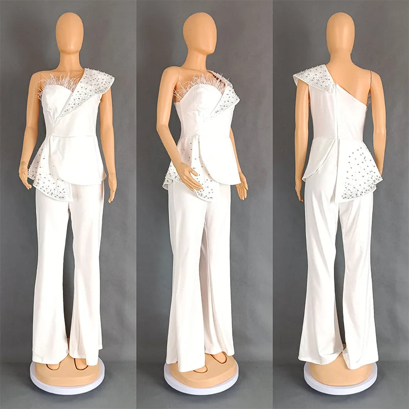 Women Jumpsuit One Shoulder Feather Diamond Peplum Party Fashion Female One Piece African Event Occasion Rompers New Summer 2024