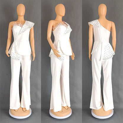 Women Jumpsuit One Shoulder Feather Diamond Peplum Party Fashion Female One Piece African Event Occasion Rompers New Summer 2024