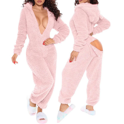 Sexy Cute Plush Autumn Winter Long Sleeve Hooded Romper Back Butt Bum Open Ass Flap Plush Jumpsuit Women Thick Sleepwear