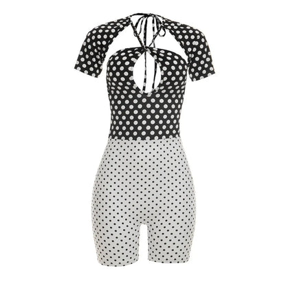 FLARORA Trend Color Blocking Rompers Woman Polka Dot Print Halter Bandage Backless Peach Hip Playsuits Sexy Midnight Streetwear