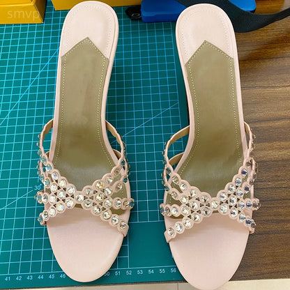 Summer 2026 Women's Pink Crystal High Heels Diamond-Encrusted Slim Heel Sandals for Outdoor Weddings Parties Fashionable Ladies'