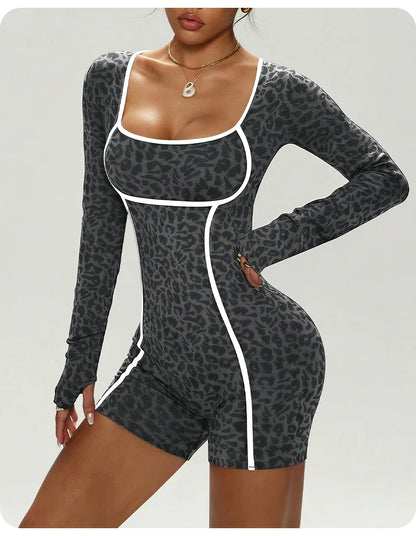 Women's Leopard Print Long Sleeve Yoga Jumpsuit Slim Fit One Piece Workout Romper Shorts Athletic Fitness Bodysuit