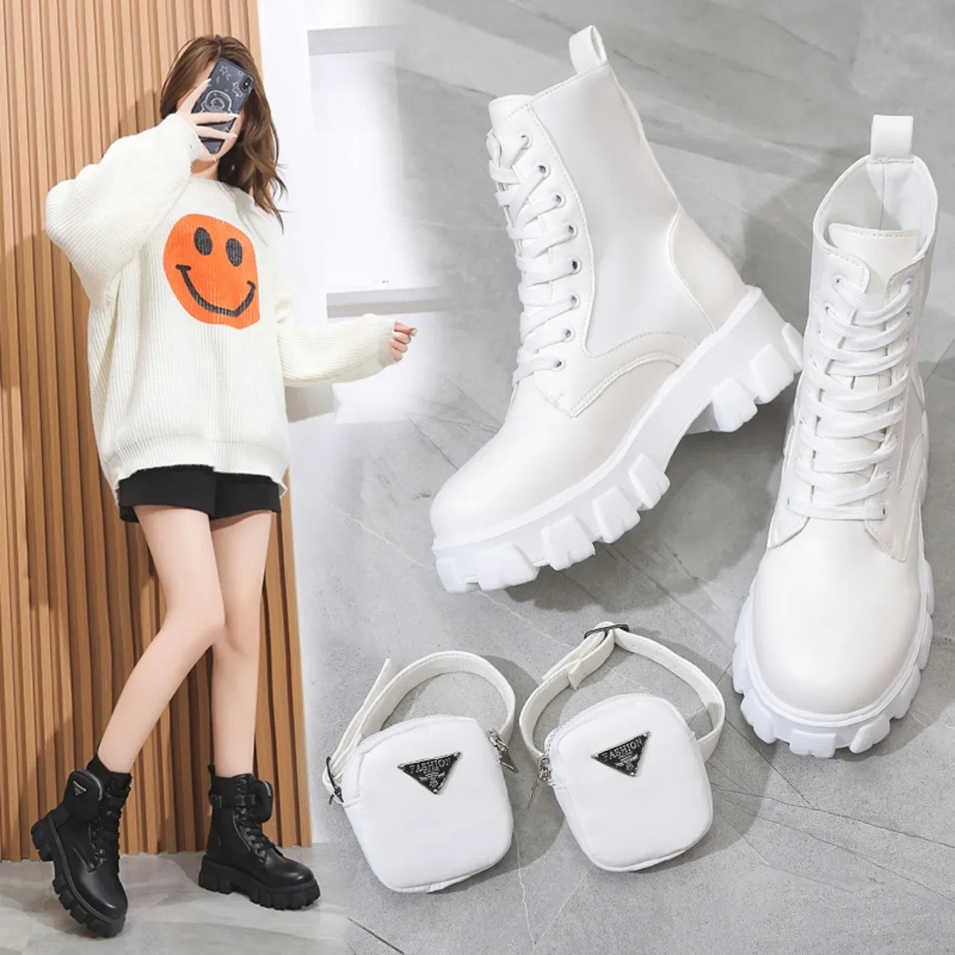 Platform New Women Boots Motorcycle Shoes Woman Leather Minimalist Classic Punk Female Goth Shoes Casual Boots Women Mary Jane