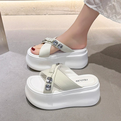 Summer Women's Luxury Rhinestone Bow Platform Wedge Slides Sandals Height Increasing Cross Open Toe Casual Beach Slippers Shoes