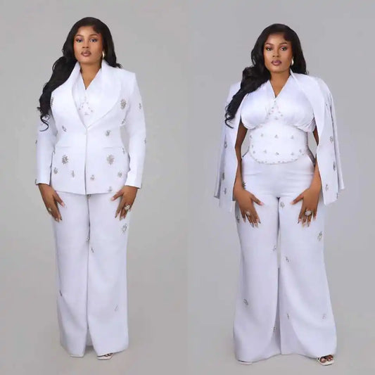 Plus Size Women Suit Crystal Shawl Lapel 2 Piece Jacket Pants Mother Blazer Single Breasted Wedding Tuxedo Evening Customized