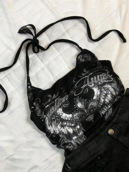 Sexy Hottie Y2k Aesthetic Rose Print Halter Vest Women Vintage Slim Fit Camis Outerwear Crop Top Harajuku Hotsweet Short Tanks