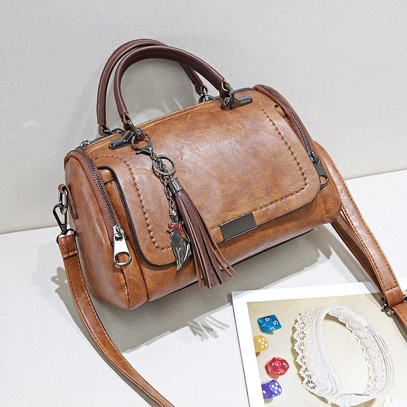 Tassel Decor Women's Large Capacity Shoulder Bag Fashion Zipper Crossbody Bag With Removable Strap Boston Handbag