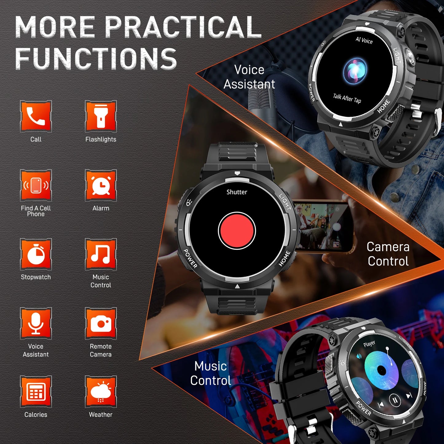 EIGIIS Smart Watches for Men with LED Flashlight 1.53" HD with 100+ Sport Modes Health/Sleep Monitor and 3ATM Waterproof Watche